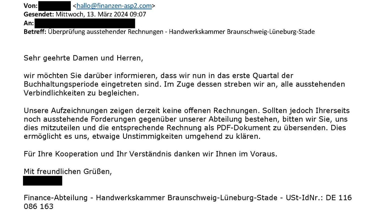 Warnmeldung Gefälschte Mails Finance-Abteilung