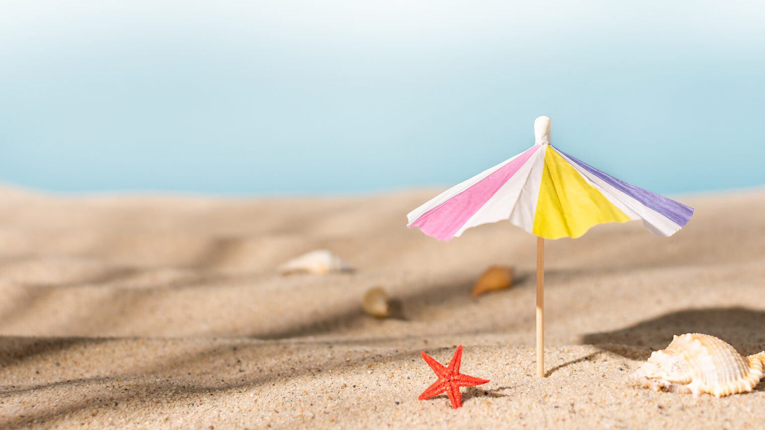 Foto vom Strand mit Muscheln und einem kleinen Papier-Sonnenschirmchen