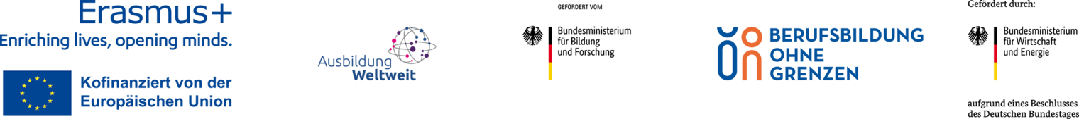 Logoleiste der Programme Erasmus+, AusbildungWeltweit und Berufsbildung ohne Grenzen