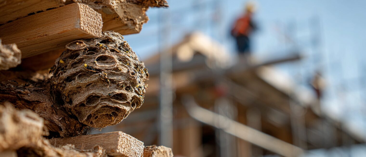 Wespennest auf Baustelle – potenzielle Gefahr bei Außenarbeiten Wespennest im Stapel von Bauholz mit unscharfem Rohbau und Bauarbeitern im Hintergrund