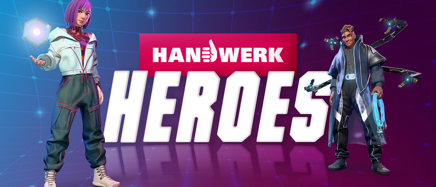 Headergrafik zur App „Handwerk Heroes“ mit zwei digitalen Charakteren aus der neuen App