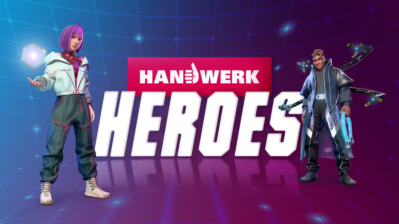 Headergrafik zur App „Handwerk Heroes“ mit zwei digitalen Charakteren aus der neuen App